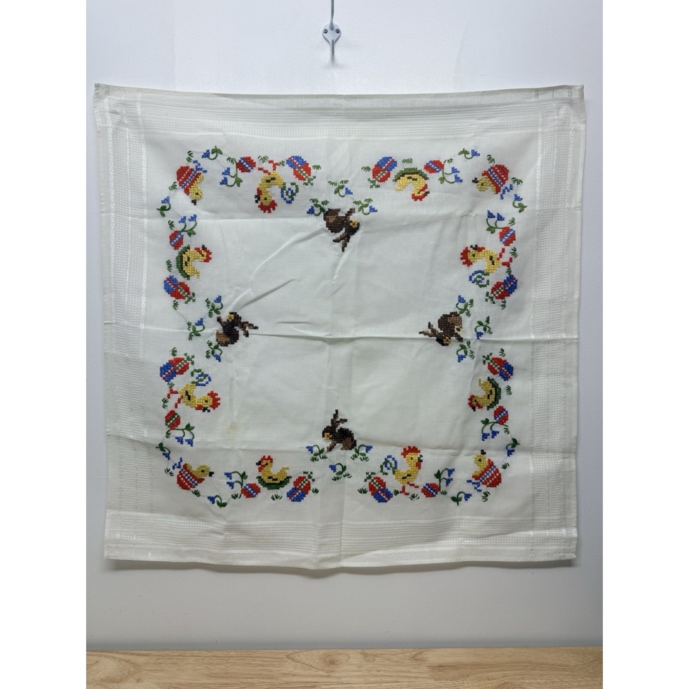 Vintage Hand Embroidered Easter Table Topper Rabbits Chickens 29" Square #30